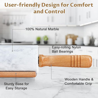 Marble Rolling Pin - 18.9" Marble Rolling Pins for Baking, Pastry, Pizza Dough & More - Polished Non-Stick Surface, Long Dough Roller with Wooden Handles & Base