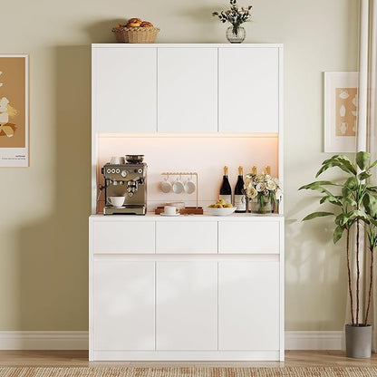 Garvee Kitchen Pantry Cabinet,71 in Tall Storage Cabinet with Doors&Shelves Adjustable, Kitchen Storage Hutch with Microwave Shelf, Led Lights&Charging Station,Corner Pantry Cabinet