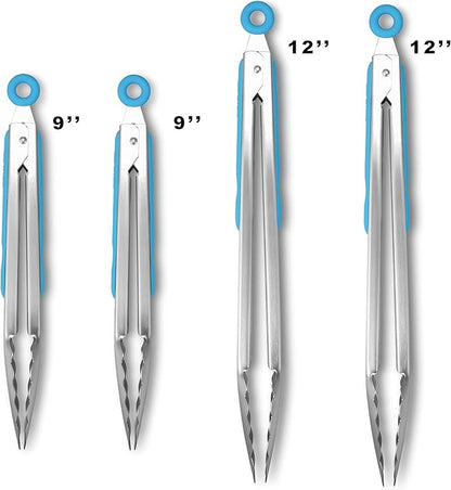 304 Stainless Steel Kitchen Cooking Tongs,9" and 12" Set of 4 Sturdy Grilling Barbeque Brushed Locking Food Tongs with Ergonomic Grip, Blue