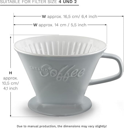 Creano Porcelain Coffee Dripper Stone Grey - Ceramic Cone Brewer - Pour Over Coffee Maker for Filter Bags Size 4 - Easy Manual Brew for pure taste - also for Camping, Hiking