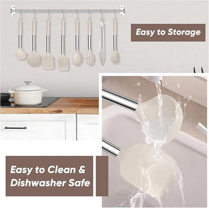 TeamFar Kitchen Utensils Set of 8, Silicone Utensils Kitchen Tools Set with Stainless Steel Handle, for Frying Serving Flipping Draining, Non-toxic & Heatproof, Nonstick & Dishwasher Safe - Khaki
