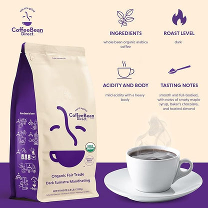 Coffee Bean Direct Organic Fair Trade Dark Sumatra Mandheling, Whole Bean Coffee, Dark Roast, 2.5 Pound Bag (Pack of 1)