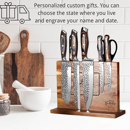 Personalized magnetic knife holder featuring the shape and name of the state where the US is located, as well as the date. Suitable for custom wedding, new home moving gifts, etc.