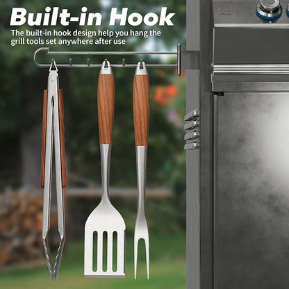 ENLOY Heavy-Duty Barbecue Grilling Tools Set, Outdoor Grill Accessories with Spatula, Fork & Tongs, Extended Rosewood Handle & Food-Grade Stainless Steel for Barbecue & Grill, 3Pcs BBQ Tools for Men
