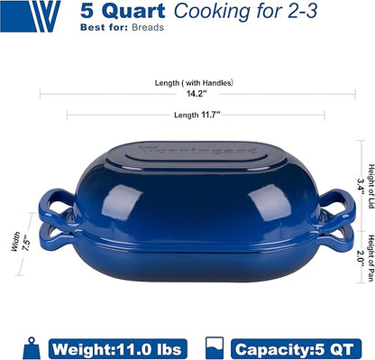 Enameled Cast Iron Sourdough Bread Oven, Dutch Oven, Loaf Cast Iron Bread Pan for Homemade Bread Baking, Meatloaf Pan with Lid, 5QT, Blue