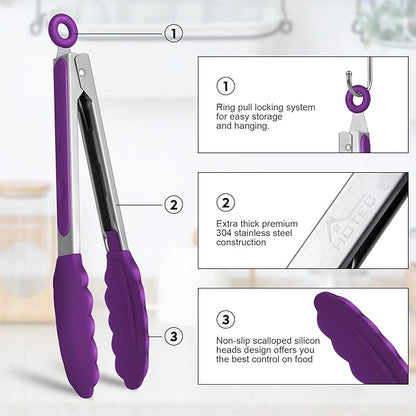 HOTEC Premium Stainless Steel Locking Kitchen Tongs with Silicon Tips, Set of 3-7", 9" and 12" (Purple)