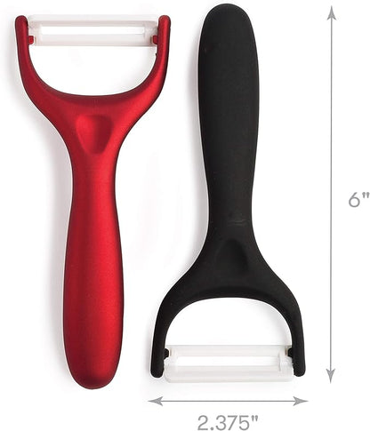 Cooking Light Ceramic Peeler Set with Ultra Sharp and Durable Blades, Ergonomic Handles Black and Red Kitchen Tools, 2 Piece, Black/Red