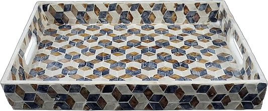 PEMAR Rectangular Mother of Pearl Serving Tray Coffee Table Ottoman Tray w Insert Handles, Luxury Decorative Handmade Eating Tray (Geometric Cube Pattern)
