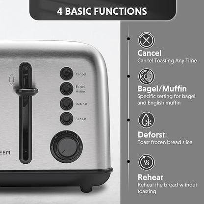 BUYDEEM DT640 Retro 4 Slice Toaster, 7 Shade Settings, Extra Wide 1.5'' Slots, Stainless Steel Toaster with Bagel Muffin Defrost Reheat Function, Retro Silver