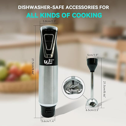 Cordless Immersion Hand Blender by Weavelife - Rechargeable, Portable, One-Touch Control & Safety Lock for Pureeing, Soups, Smoothies with Stainless Steel Blade