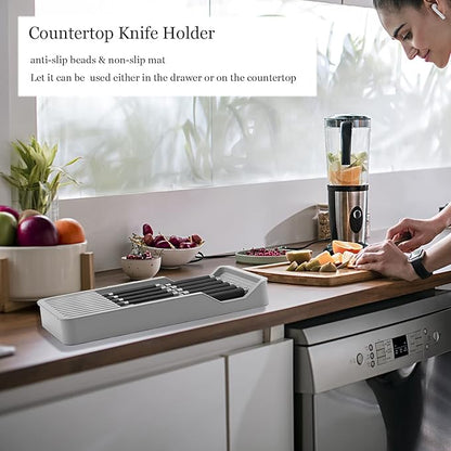 Knife Holder, In Drawer Knife Block Holder with Expandable Cutlery Tray Kitchen Drawer Organizer Insert-Holds 11 Knives for Save Space & Kitchen Safety (Drawer knife holder, Plastic)