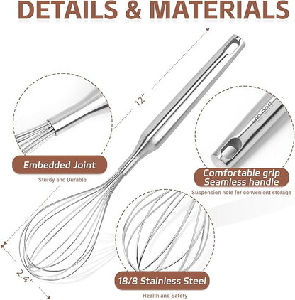 Stainless Steel Whisk Metal Whisk Balloon Wire Baking Whisks for Cooking Kitchen Whisking Beating Blending 12inch,Dishwasher Safe