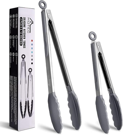 HOTEC Premium Stainless Steel Locking Kitchen Tongs with Silicon Tips, Set of 2-9" and 12" Light Grey