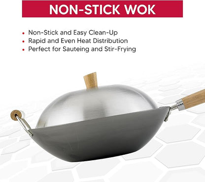 Helen's Asian Kitchen Wok Set - Wok Pan with Lid, 13.5 Inch Carbon Steel Wok - Nonstick Flat Bottom Wok for Stir Fry - Includes 4pc Accessories - Perfect for Gas, Electric, Induction Stovetops