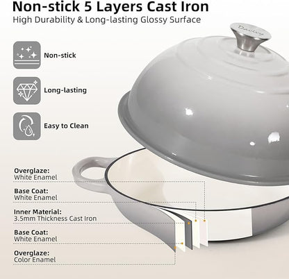 Davivy 5.5QT Cast Iron Dutch Oven with Silicone Baking Mat, 10" Round Bread Dutch Oven, Sourdough Bread Baking Pan, Enameled Cast Iron Bread Oven - Light Grey