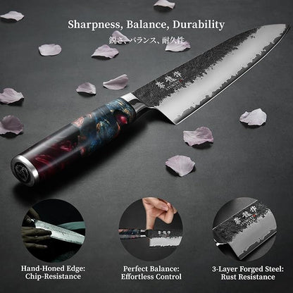 Japanese Chef Knife, 8 Inch Hand Forged Kitchen Knives with VG10 Steel, Professional Gyuto Knife for Home & Restaurant, Sanmai Chefs Knives with Ergonomic Red Handle, Cooking Gifts for Men Women