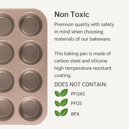 HAPPIELS Non Toxic Nonstick 12 Cup Muffin Pan | PFOA BPA free Nontoxic Cupcake Tin | Best Non Stick Muffin Pans | Muffin tins | Cupcakes Tray | Carbon Steel Bakeware Mold Trays