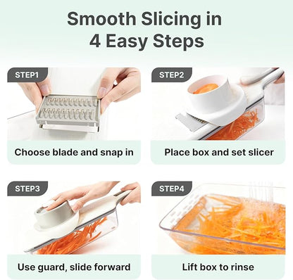 Multifunctional Handheld Mandoline Slicer for Kitchen with Drain Box – 6 Interchangeable Blades, Safety Guard, Vegetable/Cucumber Slicer for Salad Meal Prep, Easy to Clean, Compact Storage