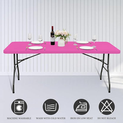 6 Pack Fitted Tablecloth for 6 Foot Rectangle Tables, Hot Pink Elastic Outdoor Picnic Table Cover, Washable Stretch Folding Table Cloths 6 ft for Camping Party Patio Kitchen Banquet, 30" W x 72" L