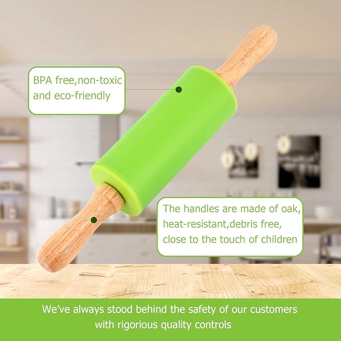 Mini Silicone Rolling Pin for Kids, Non-stick Surface Wood Handle, 9 Inch 1 Pack Orange