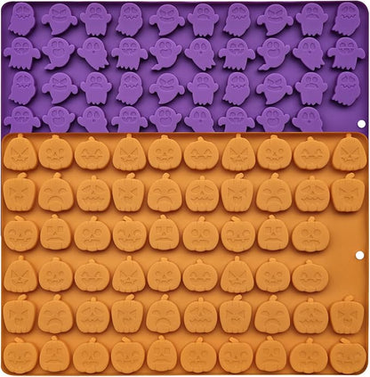 Halloween Silicone Mini Candy Molds, Mini Pumpkin and Ghost Molds, Silicone Treat or Trick Molds for Halloween Candy, Chocolate, Gummy, Cookies, Jelly, Set of 2