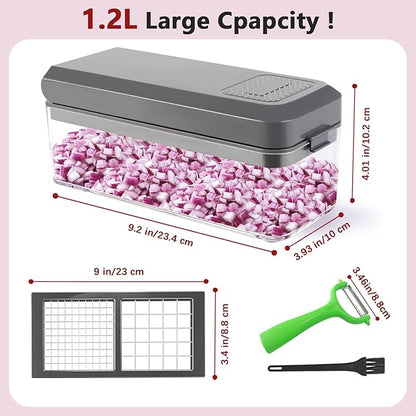 Vegetable Chopper, Onion Chopper Dicer, Mandoline Slicer with Container, Vegetable Cutter for Salad Potato Carrot Garlic（2 Blades, Grey）