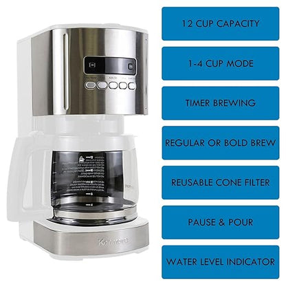 Kenmore Drip Coffee Maker - 12 Cup Programmable Cafe Machine With Glass Pot, Regular & Bold Brew, Auto Shut Off Large Water Reservoir, Reusable Filter, Kitchen Appliances For Cafeteria Barista, White