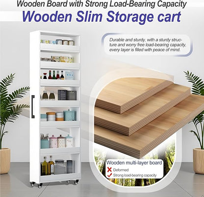7-Tier Slim Storage Cart, Wooden Rolling Pantry Cabinet with Wheels, Narrow Shelf Organizer for Kitchen, Bakers Rack, Dining Room, Closet, Small Spaces Light Walnut 73.2" H*7.8" W*23.6" D