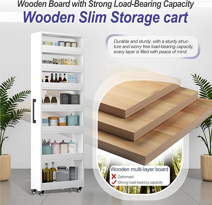 7-Tier Slim Storage Cart, Wooden Rolling Pantry Cabinet with Wheels, Narrow Shelf Organizer for Kitchen, Bakers Rack, Dining Room, Closet, Small Spaces Warm White 73.2''H*5.9''W*23.6''D