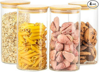 4 Pack 42oz Glass Jars with Bamboo Lids,Glass Storage Containers with Lids,Clear Airtight Food Storage Jar for Flour,Oat,Coffee,Tea,Sugar,Cookies,Pantry Organizers 3mm Thick Canisters