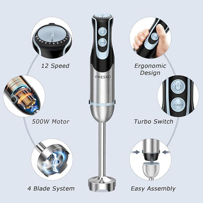 FRESKO Immersion Blender Handheld, 4-in-1 Stainless Steel Hand Electric Stick Mixer with 12-Speeds & Turbo Mode, Powerful 500W Emulsion Blender with Beaker, Chopper & Whisk