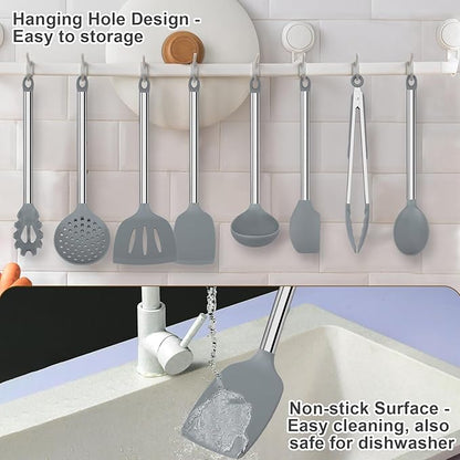 8 PCS Cooking Utensils Set, Vayvnt Silicone Kitchen Spatula Set for Cooking, Non Toxic Silicone Kitchen Utensils with Stainless Steel Long Handle, Spoon and Tong, Heat Resistant&Dishwasher Safe, Gray