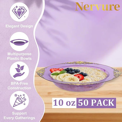 Nervure 50PCS Purple Plastic Bowls with Gold Rim - 12oz Disposable Soup Bowls, Heavy Duty Salad Dessert Bowl Perfect For Weddings, Parties and Everyday Use