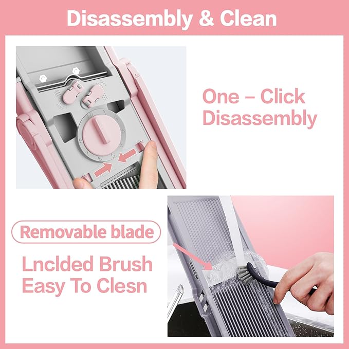 Upgrade Safe Mandoline Slicer for Kitchen, Chopper Vegetable Cutter, Potato Slicer Thickness Adjuster, French Fry Cutter, Veggie Dicer Faster Kitchen Mandolin for Meal Prep (Pink)
