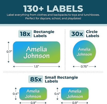 Personalized Daycare Name Labels for Kids (130 Labels) - Custom Waterproof Name Stickers for Clothing Tags, Water Bottles, Lunch Boxes and School Supplies (Gradient)