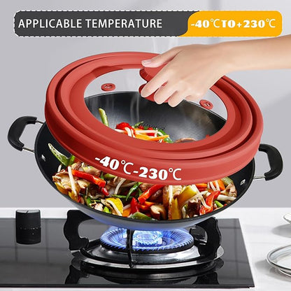 Collapsible Microwave Splatter Cover - Vented Silicone & Glass Lid with Easy-Grip Handle, Fits 6 to 8 Inch Plates & Bowls, 9 Inch Diameter, Prevents Splatters & Ensures Even Heating