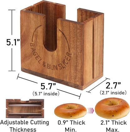 Large Adjustable Bagel Slicer Holder | Acacia Wood Bagel Cutting Holder with Width-Adjustable Slots for Small & Large Bagels, Buns & English Muffins, Knife Groove & Non-Slip Base