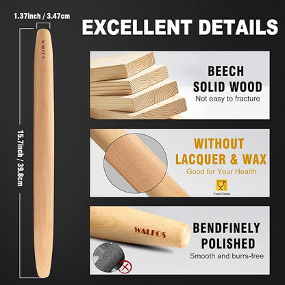 WALFOS French Rolling Pin for Baking, Tapered Design Natural Beech Wood Rolling Pins, Essential Kitchen Dough Roller for Fondant, Pizza, Pie, Cookie and Pastry