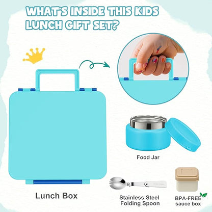 Kids Bento Lunch Box with 8oz Soup Thermo, Kids Leakproof Lunch Food Containers with 4 Compartment,Insulated Hot Food Jar with Lunch Bag for School, Travel (Blue-No lunch bag)