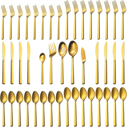 Alata Cube Gold 45-Piece Flatware Set, Forged Cutlery Set, Matte Gold Silverware Service for 8, Stainless Steel Tableware with Square Handle for Home/Restaurant, Dishwasher Safe