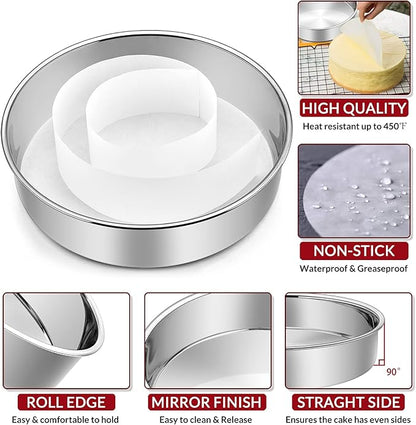 9½ Inch Cake Pan Set of 3, E-Far Stainless Steel Round Layer Cake Baking Pans with Parchment Rounds & Side Liner Roll, Non-Toxic & Healthy Metal Cakes Tin, Straight Side & Dishwasher Safe
