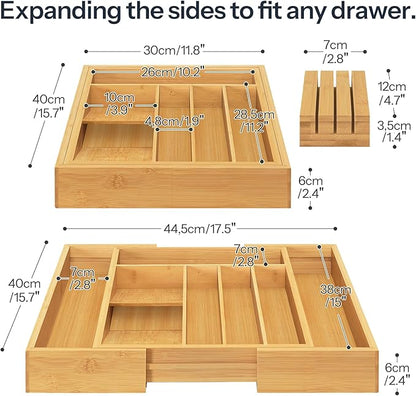 HOOBRO Silverware Organizer Kitchen Drawer Organizer, Expandable Utensil Drawer Organizer, with 2 Knife Block, Bamboo Cutlery Tray with Divider for Flatware and Kitchen Utensils, Natural YL06TL01