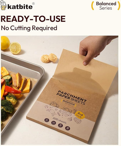 Katbite 200 Pcs Parchment Paper, 8 x 8 Inch Unbleached Baking Paper, Oil Resistant & Easy Clean, Non-Stick Precut Parchment Paper Sheets for Baking Square, Cooking, Air Fryer [Balance Series]