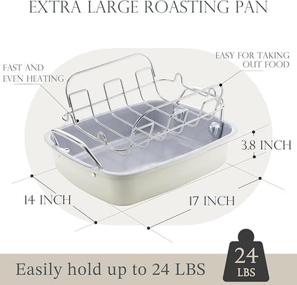 KITESSENSU Nonstick Turkey Roasting Pan with Rack 17 x 14 inch - Large Chicken Roaster Pan for Oven - Wider Handles & Heavy Duty Construction - Suitable for 24lb Turkey, Cream