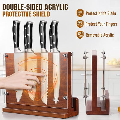 ENOKING Magnetic Knife Block with Acrylic Shield 12 x 9 Inches, Double Side Kitchen Knife Holder without Knives- Acacia Wood Universal Knife Storage Organizer with Powerful Magnet for Kitchen Counter