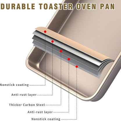 Toaster Oven Pans Set of 2, Shinsin 11-Inch Nonstick Baking Sheet Pans and Trays, 1/8 Thicker Replacement Small Baking Tray Accessories for Cookie, Non Toxic and Easy Clean and Diswasher Safe, Gold