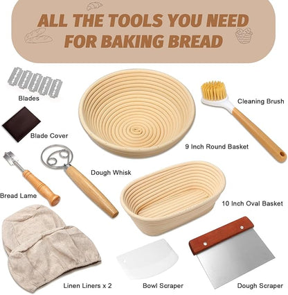 Sourdough Proofing Basket Gift Set, 9" Round and 10" Oval Banneton Bread Baking Supplies, Sourdough Baskets with Bread Lame, Danish Whish, Bowl Scraper, Sourdough Scraper, and Linen Liners
