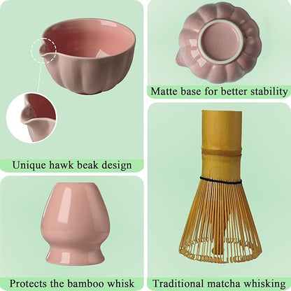 Matcha Whisk Set, Ceramic Matcha Bowl with Whisk & Holder, Bamboo Scoop & Spoon, Scoop Rest, Sifter and Tea Towel- 8 Pcs Matcha Kit for Matcha Lovers (Pink)