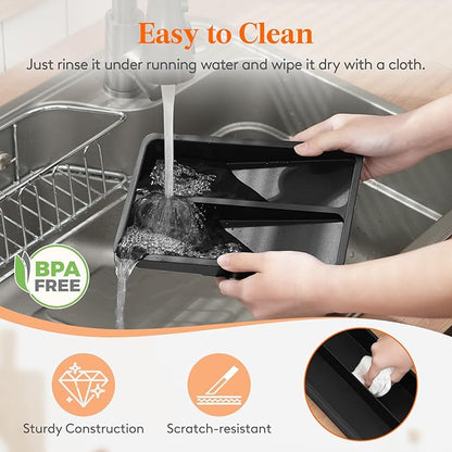 Lifewit Compact Silverware Organizer for Kitchen Drawer, Narrow Flatware Tray Holder, Plastic Cutlery Spoons, Forks and Knives Storage, Black, 2 Pack