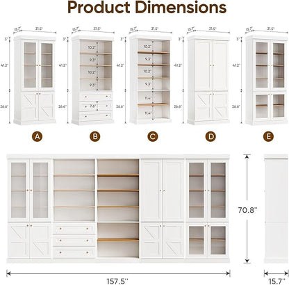 70.8" Tall Farmhouse Kitchen Pantry Cabinet with Glass Doors, Modular Wooden Storage Hutch with 6-Tier Adjustable Shelves for Kitchen or Living Room, White, Set of 2